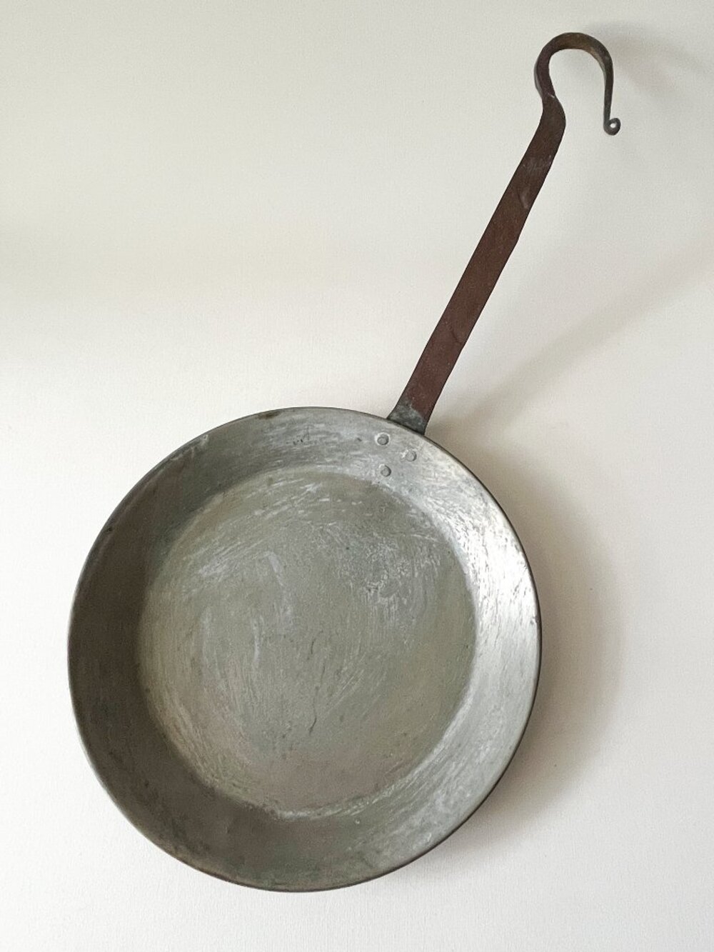 Rare Antique All-Copper Hearth Skillet Pan Tin-Lined Forged Rat-Tail Hook 9 5/8"